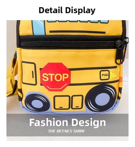 Detail of yellow school bus chest bag with stop sign and dual zipper pockets