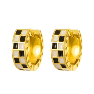 Classic checkered hoop earrings with gold trim and engraved side stars in gold and black
