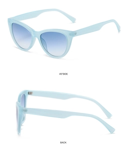 Detailed 45-degree side and back view of retro cat eye sunglasses with blue gradient lenses