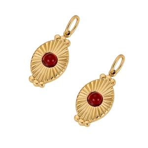 Elegant gold oval pendant with red natural stone and radial textures for DIY jewelry