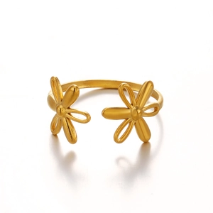 Minimalist golden stainless steel open ring featuring a double floral petal design on white background