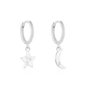 Detailed view of asymmetric S925 sterling silver star and moon drop earrings