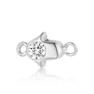 Detail of silver double-hole connector with round cubic zirconia for DIY jewelry