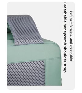 Detail view of women travel backpack, breathable honeycomb shoulder strap, lightweight design.