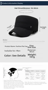 Size chart for men's flat cap showing dimensions and head circumference guide