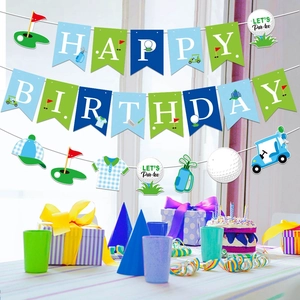 Blue golf theme happy birthday banner set with golf cart and let's par-tee cards