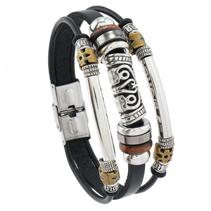 Men's retro multilayer leather bracelet with tribal totem metal tube and wooden beads