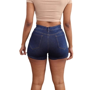 High waist dark blue denim shorts for women with back pockets on a white background