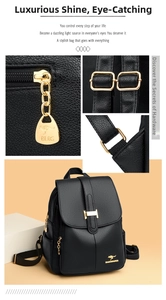Close-up of black lychee grain leather backpack with golden magnetic buckle and hardware