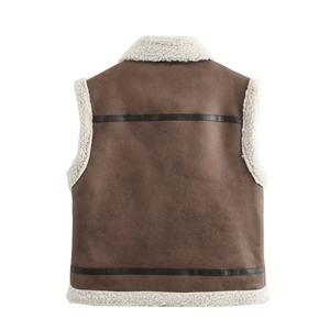 Back view of brown faux leather vest with white shearling trim and plush lining
