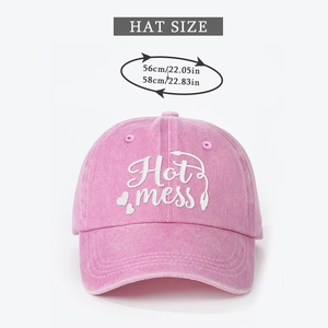 Detailed size guide for pink washed cotton baseball cap with Hot Mess heart embroidery