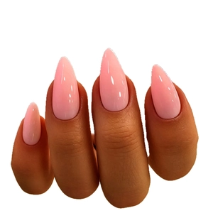 Pale pink long almond press-on nails with a high-gloss finish shown on fingers