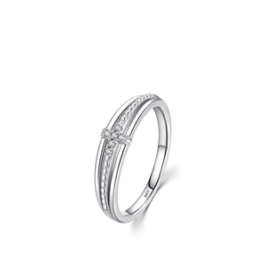 S925 sterling silver double-layer ring with sparkling cross design on white background