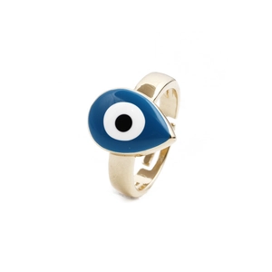 Bague réglable dorée en forme de larme avec breloque œil bleu émaillé pour femme