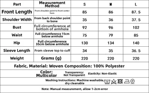 Detailed size chart for floral print cotton jacket featuring bust and waist measurements