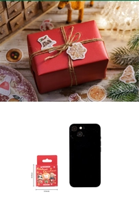 Christmas stickers set showing festive gift box decoration and size comparison with phone