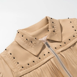 Khaki Wildlederimitat-Fransenjacke mit schwarzen Perlen und Metall-Reißverschluss