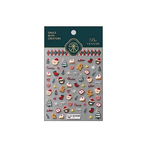 Stickers ongles Noël en relief avec ours vintage, bonshommes de pain d'épice et flocons TS-3865