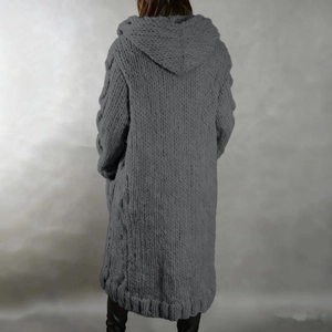 Dark grey chunky knit hooded cardigan with long silhouette and cozy oversized fit
