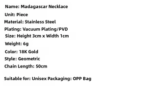 Detailed specifications of the stainless steel Madagascar necklace with PVD 18K gold plating