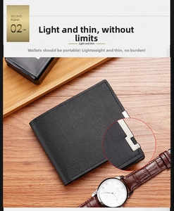 Close-up of thin black bi-fold wallet with lychee texture and silver metal corner
