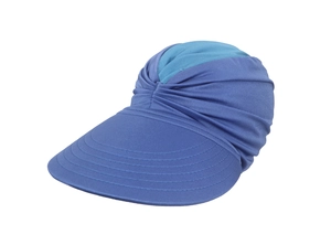 Detail of blue sun visor hat featuring unique twisted knot design and quick-dry fabric