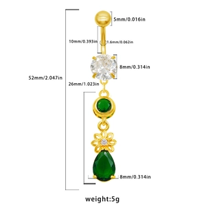 Dimensions détaillées du piercing de nombril fleur en zircon rose et métal doré