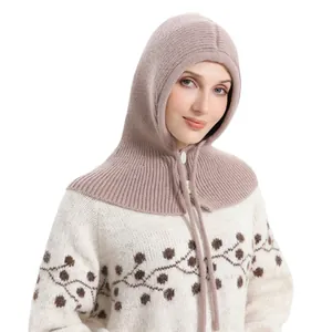 Winter knitted balaclava hood with buttons and adjustable drawstring in light brown