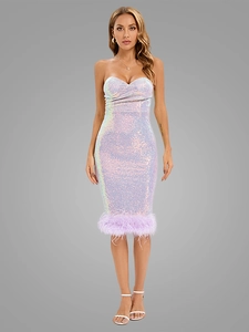 Detail of sequins and ostrich feathers on pink strapless bodycon dress hemline