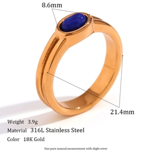 18K gold plated stainless steel ring with oval blue natural stone and striped texture
