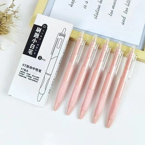 Detailed view of 5-piece 0.5mm ST tip pink gel pens with elegant desktop packaging