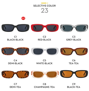 Selective color palette of 9 vintage small square sunglasses in various trendy frame shades