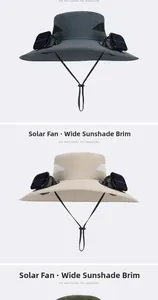 Close-up of the solar panels and dual fans integrated into a wide-brim sun hat