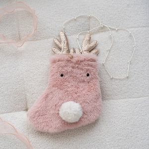 Pink plush Christmas reindeer bag with sequin antlers and pearl strap for holiday decor