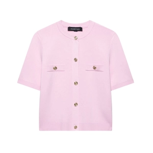 Pink short sleeve knit cardigan with contrast trim and decorative gold buttons