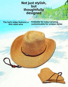Chapeau de soleil pliable en paille avec bord en fil malléable pour un style varié