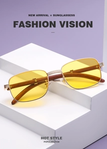 Detail of square sunglasses with yellow lenses and dark wood grain temples on white stand