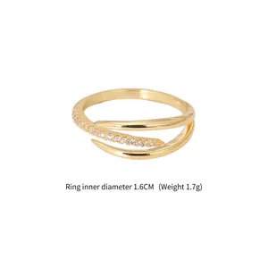Adjustable multilayer gold ring with pink zircons, 1.6cm diameter and 1.7g weight