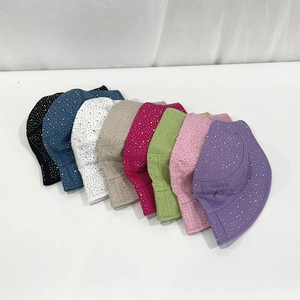 Sparkling rhinestone cotton bucket hats shown in eight vibrant colors for sun protection