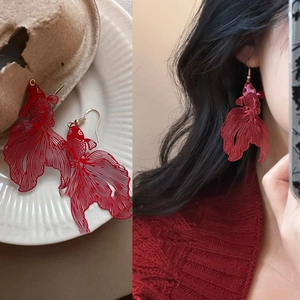 Red Goldfish Dangle Earrings Vintage Chinese Style Hollow Copper Jewelry With Steel Earring Post