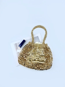 Fashion gold hollow woven metallic handbag with sequins and internal satin lining