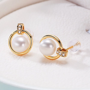 Freshwater Pearl Stud Earrings With Cubic Zirconia Accents Gold Plated Circle Frame And 925 Sterling Silver Earring Post