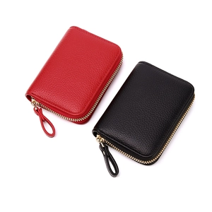 Compact RFID blocking leather card wallet with zipper in classic red and black colors