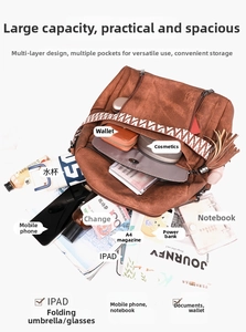 Detailed view of spacious brown PU backpack interior holding an iPad and magazines
