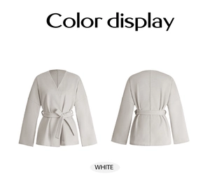 Vue avant et arrière du cardigan en maille blanc avec col en V et ceinture de taille assortie