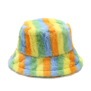 Chic rainbow striped plush bucket hat in colorful faux fur for winter warmth