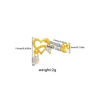 Detailed size chart showing 11mm height and 0.8mm gauge for gold heart cartilage earring