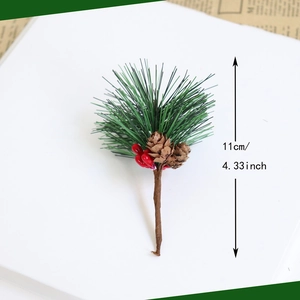 Mini artificial Christmas pine needle branch with red berries and pine cones 11cm length