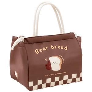 Brown insulated lunch bag with bear bread print and checkered base for daily commute