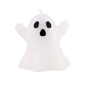 Cute white ghost shaped Halloween candle with black face features on white background